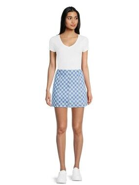 No Boundries  Checkered  Print Blue Denim  Womens Junior Skirt